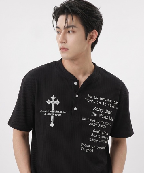 ARULE(アルール)の「A'GEM/9 × .kom 『ARULE/アルール』Cross Graphic Thermal Henley Neck T-Shirt/クロスグラフィック サーマルヘンリーネック Tシャツ(Tシャツ/カットソー・メンズ・ブラック/アイボリー・FREE)」の7枚目の写真