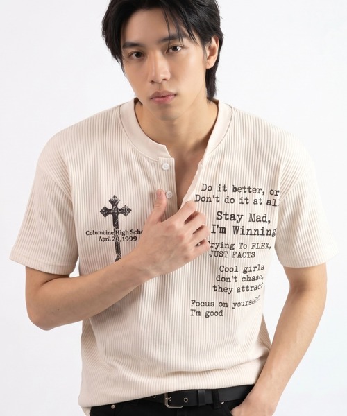 ARULE(アルール)の「A'GEM/9 × .kom 『ARULE/アルール』Cross Graphic Thermal Henley Neck T-Shirt/クロスグラフィック サーマルヘンリーネック Tシャツ(Tシャツ/カットソー・メンズ・ブラック/アイボリー・FREE)」の3枚目の写真