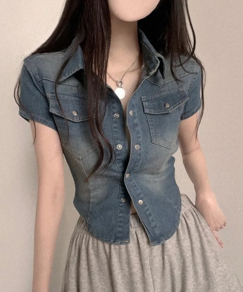NoBelle（ノベル）の「襟付きウエストライン　半袖デニムトップス/ジャケット（デニムジャケット・レディース・ブルー系その他/ブラック/ブルー・FREE）」の5枚目の写真
