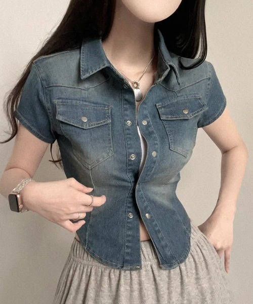 NoBelle（ノベル）の「襟付きウエストライン　半袖デニムトップス/ジャケット（デニムジャケット・レディース・ブルー系その他/ブラック/ブルー・FREE）」の7枚目の写真
