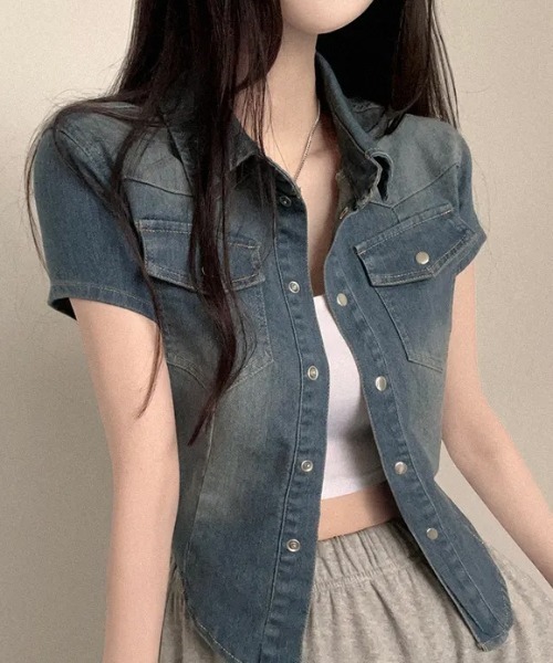 NoBelle（ノベル）の「襟付きウエストライン　半袖デニムトップス/ジャケット（デニムジャケット・レディース・ブルー系その他/ブラック/ブルー・FREE）」の9枚目の写真