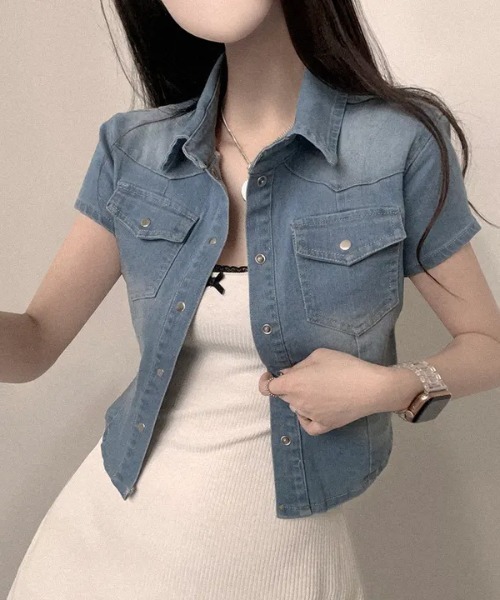 NoBelle（ノベル）の「襟付きウエストライン　半袖デニムトップス/ジャケット（デニムジャケット・レディース・ブルー系その他/ブラック/ブルー・FREE）」の12枚目の写真