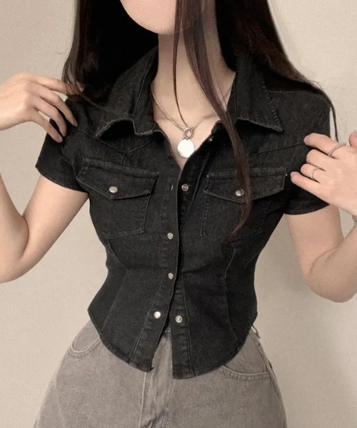 NoBelle（ノベル）の「襟付きウエストライン　半袖デニムトップス/ジャケット（デニムジャケット・レディース・ブルー系その他/ブラック/ブルー・FREE）」の17枚目の写真