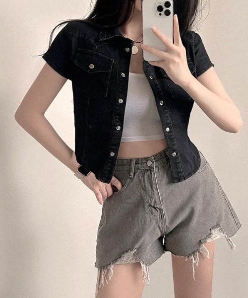 NoBelle（ノベル）の「襟付きウエストライン　半袖デニムトップス/ジャケット（デニムジャケット・レディース・ブルー系その他/ブラック/ブルー・FREE）」の18枚目の写真