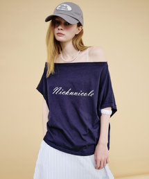 LETTERING OFF SHOULDER TOP_NAVY