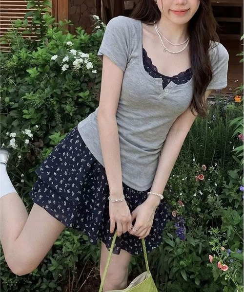 AsheKsha（アシクシャ）の「小花柄キャミソール＋U ネック半袖 本物 2 点セット（セットアップ・レディース・グレー・F）」の18枚目の写真