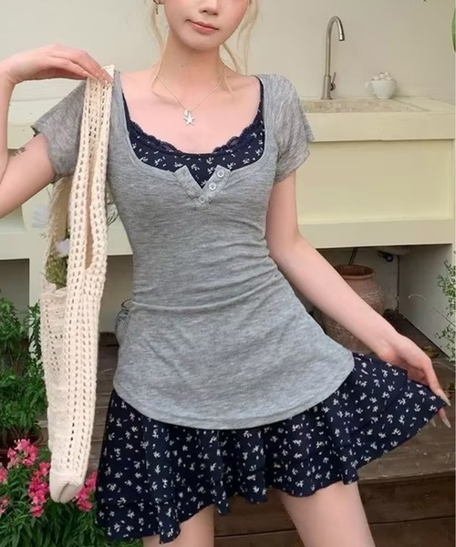 AsheKsha（アシクシャ）の「小花柄キャミソール＋U ネック半袖 本物 2 点セット（セットアップ・レディース・グレー・F）」の9枚目の写真