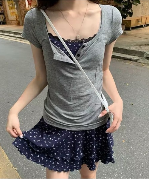 AsheKsha（アシクシャ）の「小花柄キャミソール＋U ネック半袖 本物 2 点セット（セットアップ・レディース・グレー・F）」の13枚目の写真