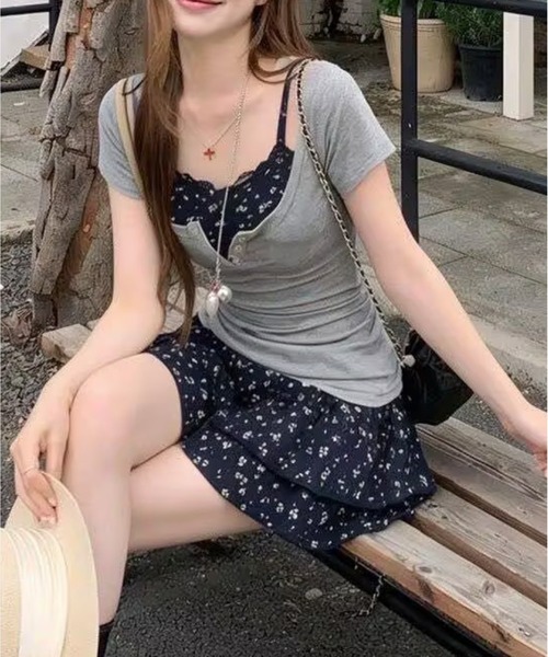 AsheKsha（アシクシャ）の「小花柄キャミソール＋U ネック半袖 本物 2 点セット（セットアップ・レディース・グレー・F）」の14枚目の写真