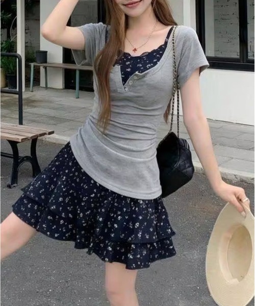 AsheKsha（アシクシャ）の「小花柄キャミソール＋U ネック半袖 本物 2 点セット（セットアップ・レディース・グレー・F）」の19枚目の写真