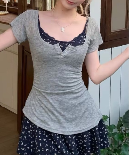 AsheKsha（アシクシャ）の「小花柄キャミソール＋U ネック半袖 本物 2 点セット（セットアップ・レディース・グレー・F）」の21枚目の写真