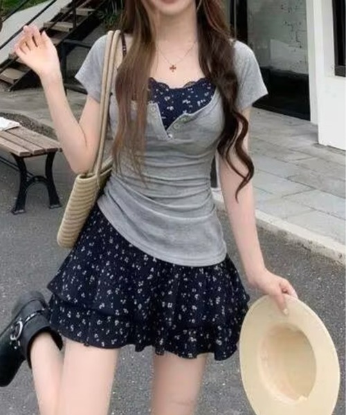 AsheKsha（アシクシャ）の「小花柄キャミソール＋U ネック半袖 本物 2 点セット（セットアップ・レディース・グレー・F）」の22枚目の写真