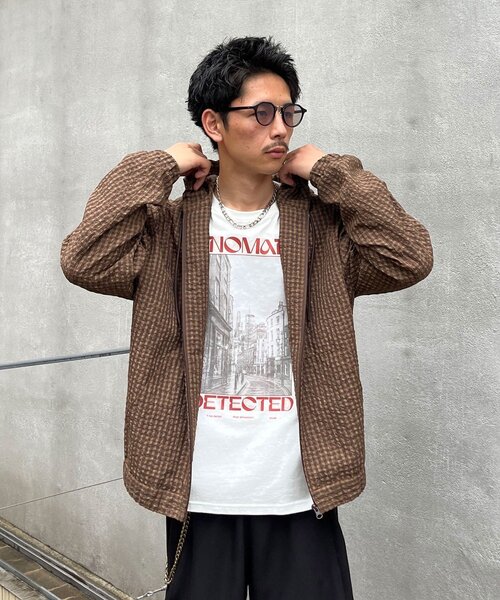 CIAOPANIC(チャオパニック)の「シアサッカーチェックフードブルゾン(パーカー・メンズ・ネイビー/ブラウン・LARGE/MEDIUM)」の2枚目の写真