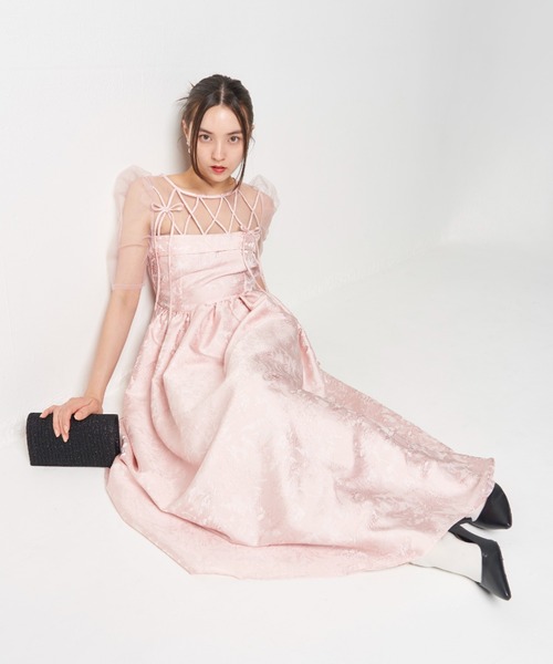 My shawty(マイシャウティー)の「ribbon motif jacquard dress(ドレス・レディース・ピンク/ブラック・FREE)」の2枚目の写真