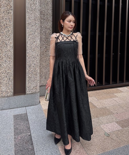 My shawty(マイシャウティー)の「ribbon motif jacquard dress(ドレス・レディース・ピンク/ブラック・FREE)」の4枚目の写真
