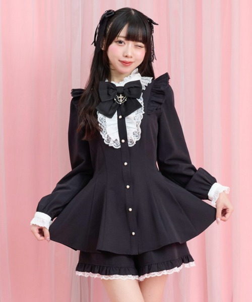 Secret Honey(シークレットハニー)の「アクセサリーリボンレースフリルセットアップ(セットアップ・レディース・ブラック/ブラックミックス/ブラック系その他/ワインレッド・MEDIUM)」の1枚目の写真