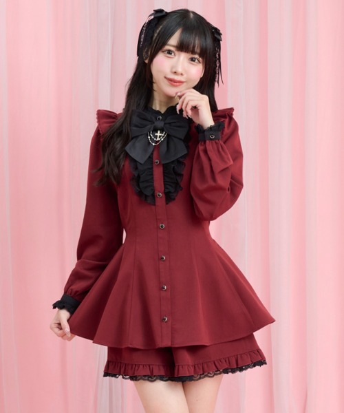 Secret Honey(シークレットハニー)の「アクセサリーリボンレースフリルセットアップ(セットアップ・レディース・ブラック/ブラックミックス/ブラック系その他/ワインレッド・MEDIUM)」の4枚目の写真