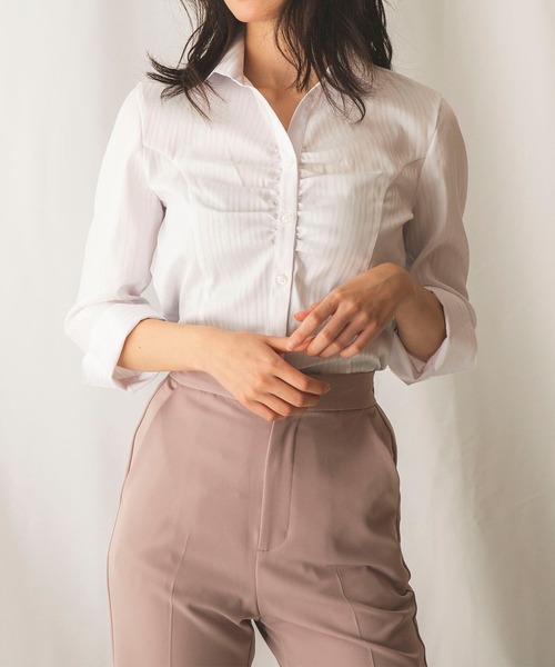 NARACAMICIE(ナラカミーチェ)の「サテンストライプスタンドカラー七分袖シャツ(シャツ/ブラウス・レディース・ホワイト/ピンク/ライトブルー・SMALL/LARGE/MEDIUM)」の2枚目の写真