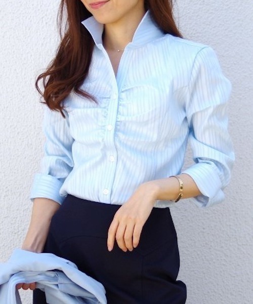 NARACAMICIE(ナラカミーチェ)の「サテンストライプスタンドカラー七分袖シャツ(シャツ/ブラウス・レディース・ホワイト/ピンク/ライトブルー・SMALL/LARGE/MEDIUM)」の14枚目の写真