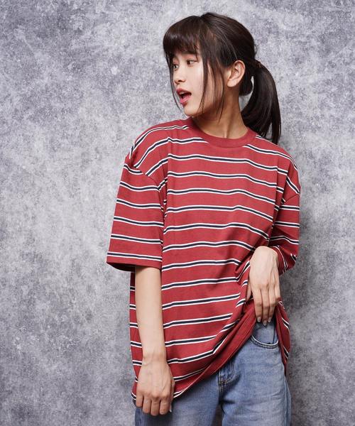 おしゃれスタ（オシャレスタ）の「ビッグシルエットボーダーTシャツ(IR)（Tシャツ/カットソー・メンズ・ブラック/ライトグレー/レッド/ネイビー・M/L/XL）」の4枚目の写真