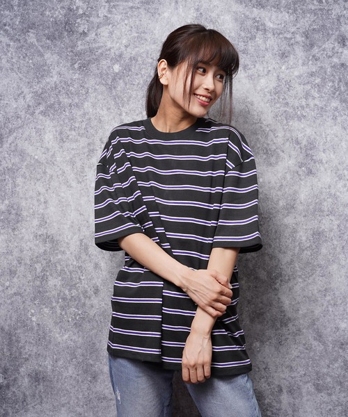 おしゃれスタ（オシャレスタ）の「ビッグシルエットボーダーTシャツ(IR)（Tシャツ/カットソー・メンズ・ブラック/ライトグレー/レッド/ネイビー・M/L/XL）」の2枚目の写真