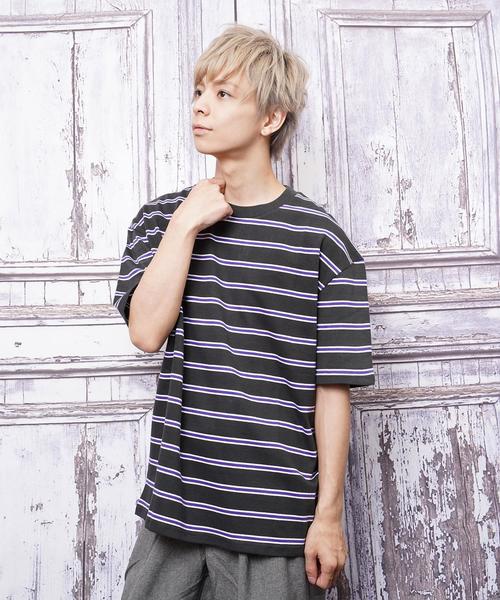 おしゃれスタ（オシャレスタ）の「ビッグシルエットボーダーTシャツ(IR)（Tシャツ/カットソー・メンズ・ブラック/ライトグレー/レッド/ネイビー・M/L/XL）」の9枚目の写真