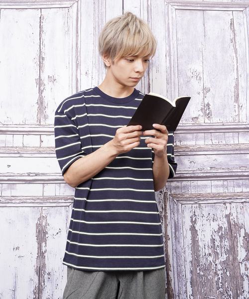 おしゃれスタ（オシャレスタ）の「ビッグシルエットボーダーTシャツ(IR)（Tシャツ/カットソー・メンズ・ブラック/ライトグレー/レッド/ネイビー・M/L/XL）」の18枚目の写真