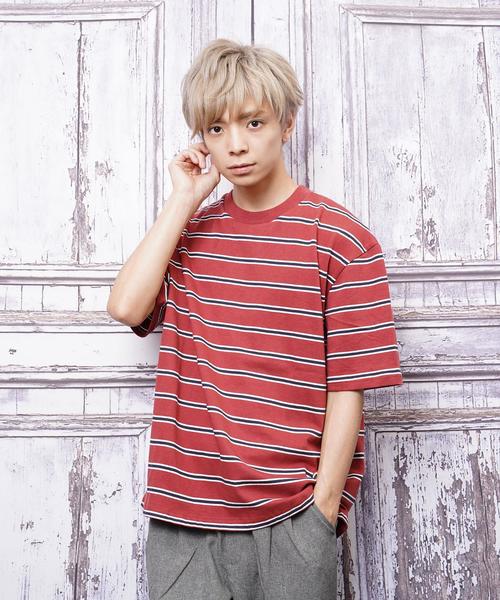 おしゃれスタ（オシャレスタ）の「ビッグシルエットボーダーTシャツ(IR)（Tシャツ/カットソー・メンズ・ブラック/ライトグレー/レッド/ネイビー・M/L/XL）」の21枚目の写真