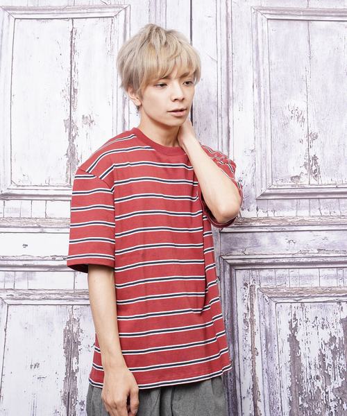 おしゃれスタ（オシャレスタ）の「ビッグシルエットボーダーTシャツ(IR)（Tシャツ/カットソー・メンズ・ブラック/ライトグレー/レッド/ネイビー・M/L/XL）」の22枚目の写真