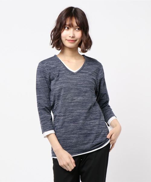 NO WAY(ノーウェイ)の「/Bl/アンサンブルVネック7分袖Tシャツ(Tシャツ/カットソー・レディース・ホワイト/ブラック/グレー/ワインレッド/ネイビー・MEDIUM/LARGE/X-LARGE)」の4枚目の写真
