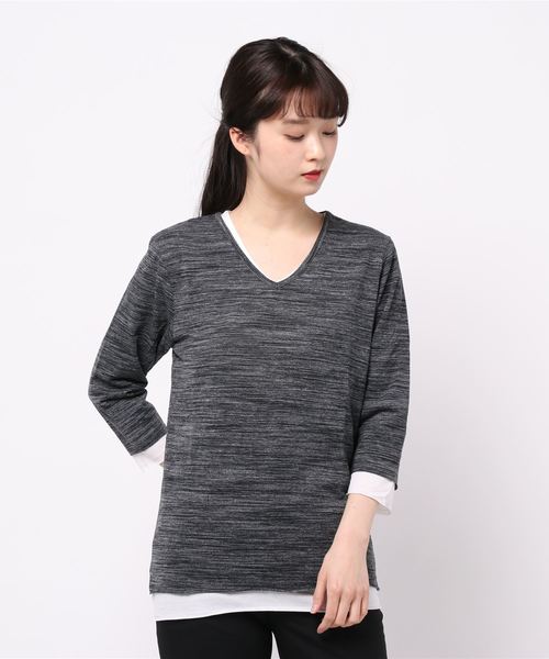 NO WAY(ノーウェイ)の「/Bl/アンサンブルVネック7分袖Tシャツ(Tシャツ/カットソー・レディース・ホワイト/ブラック/グレー/ワインレッド/ネイビー・MEDIUM/LARGE/X-LARGE)」の1枚目の写真