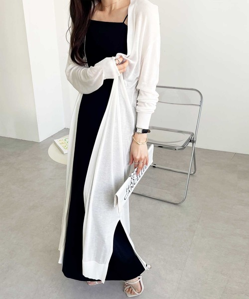 GeeRA（ジーラ）の「【羽織りに/オフィスカジュアル/冷房対策/接触冷感】夏におすすめ！ロングサマーニットカーディガン（カーディガン/ボレロ・レディース・ブルー/オフホワイト/ブラック/モカ/ライトグレー/ライトブルー・X-LARGE/MEDIUM/SMALL/LARGE/XX-LARGE）」の9枚目の写真