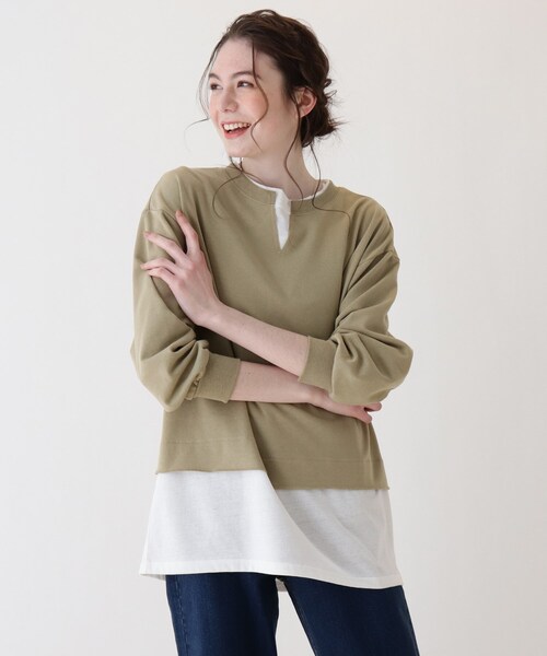 Cutie Blonde（キューティーブロンド）の「◆【S-L】キーネックレイヤード風プルオーバー（スウェット・レディース・ライトベージュ/チャコールグレー/カーキ/ダークオレンジ・02/01/03）」の4枚目の写真