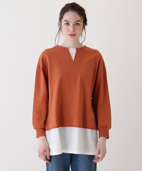 Cutie Blonde（キューティーブロンド）の「◆【S-L】キーネックレイヤード風プルオーバー（スウェット・レディース・ライトベージュ/チャコールグレー/カーキ/ダークオレンジ・02/01/03）」の9枚目の写真