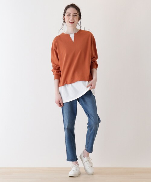 Cutie Blonde（キューティーブロンド）の「◆【S-L】キーネックレイヤード風プルオーバー（スウェット・レディース・ライトベージュ/チャコールグレー/カーキ/ダークオレンジ・02/01/03）」の11枚目の写真