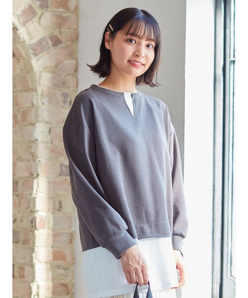 Cutie Blonde（キューティーブロンド）の「◆【S-L】キーネックレイヤード風プルオーバー（スウェット・レディース・ライトベージュ/チャコールグレー/カーキ/ダークオレンジ・02/01/03）」の13枚目の写真