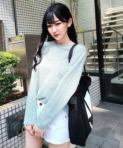 WESTSEA(ウエストシー)の「ドルマンスリーブ ボーダー 長袖Tシャツ(Tシャツ/カットソー・レディース・オレンジ/ブラック/ミント・FREE)」の4枚目の写真