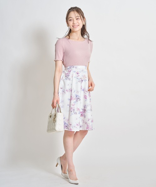 tocco closet(トッコ クローゼット)の「袖口メローフリルリブカットソー×フラワープリントドッキングワンピース(ワンピース・レディース・オフホワイト/ピンク・M)」の6枚目の写真
