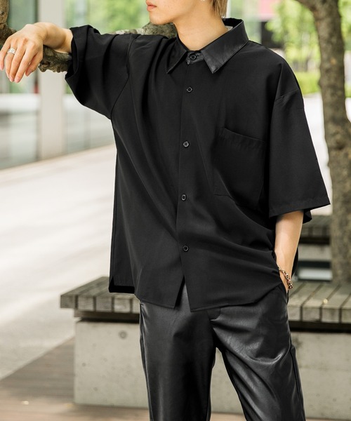 contena store 購入パイソン柄 フェイクレザーシャツ セール】【Adoon plain】フェイクレザー衿切り替えシャツ