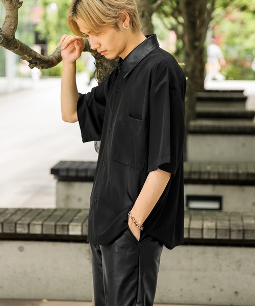 セール】【Adoon plain】フェイクレザー衿切り替えシャツ