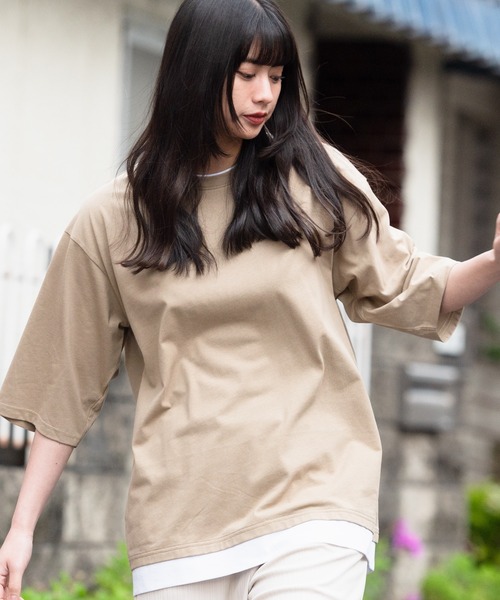 Blue Standard （ブルースタンダード）の「【BLUE STANDARD/ブルースタンダード】汗染みの目立ちにくいTシャツ ZEROSTAIN フェイクレイヤード　ビッグシルエットＴシャツ（Tシャツ/カットソー・メンズ・オリーブ/ベージュ/チャコールグレー/ブルー/ブラック/ネイビー/ホワイト・X-LARGE/MEDIUM/LARGE）」の4枚目の写真