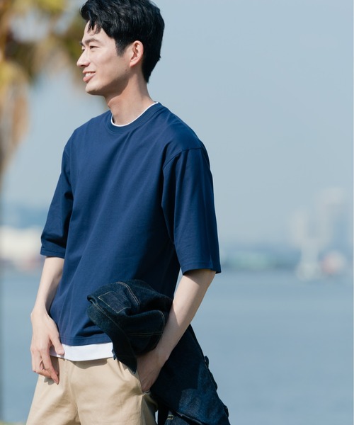 Blue Standard （ブルースタンダード）の「【BLUE STANDARD/ブルースタンダード】汗染みの目立ちにくいTシャツ ZEROSTAIN フェイクレイヤード　ビッグシルエットＴシャツ（Tシャツ/カットソー・メンズ・オリーブ/ベージュ/チャコールグレー/ブルー/ブラック/ネイビー/ホワイト・X-LARGE/MEDIUM/LARGE）」の6枚目の写真