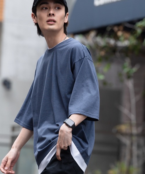 Blue Standard （ブルースタンダード）の「【BLUE STANDARD/ブルースタンダード】汗染みの目立ちにくいTシャツ ZEROSTAIN フェイクレイヤード　ビッグシルエットＴシャツ（Tシャツ/カットソー・メンズ・オリーブ/ベージュ/チャコールグレー/ブルー/ブラック/ネイビー/ホワイト・X-LARGE/MEDIUM/LARGE）」の7枚目の写真