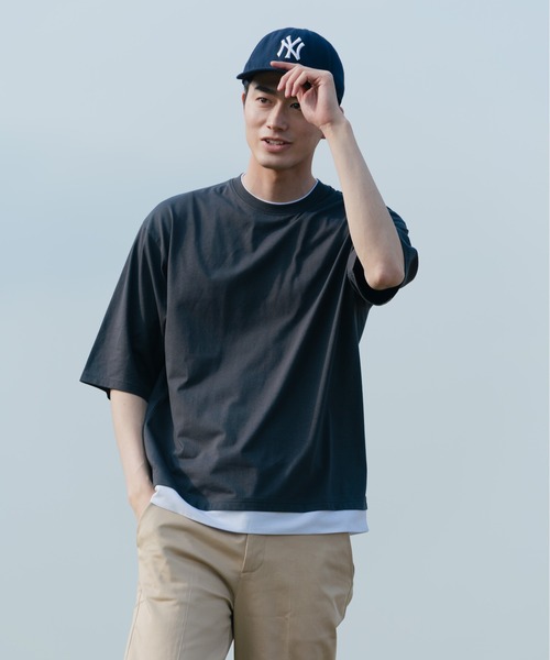 Blue Standard （ブルースタンダード）の「【BLUE STANDARD/ブルースタンダード】汗染みの目立ちにくいTシャツ ZEROSTAIN フェイクレイヤード　ビッグシルエットＴシャツ（Tシャツ/カットソー・メンズ・オリーブ/ベージュ/チャコールグレー/ブルー/ブラック/ネイビー/ホワイト・X-LARGE/MEDIUM/LARGE）」の14枚目の写真