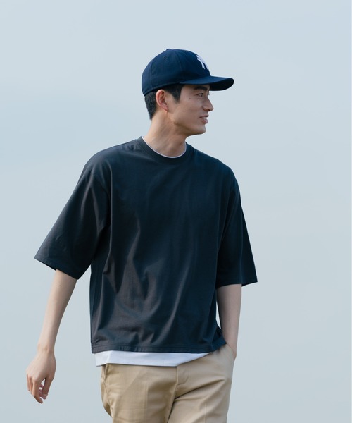 Blue Standard （ブルースタンダード）の「【BLUE STANDARD/ブルースタンダード】汗染みの目立ちにくいTシャツ ZEROSTAIN フェイクレイヤード　ビッグシルエットＴシャツ（Tシャツ/カットソー・メンズ・オリーブ/ベージュ/チャコールグレー/ブルー/ブラック/ネイビー/ホワイト・X-LARGE/MEDIUM/LARGE）」の15枚目の写真