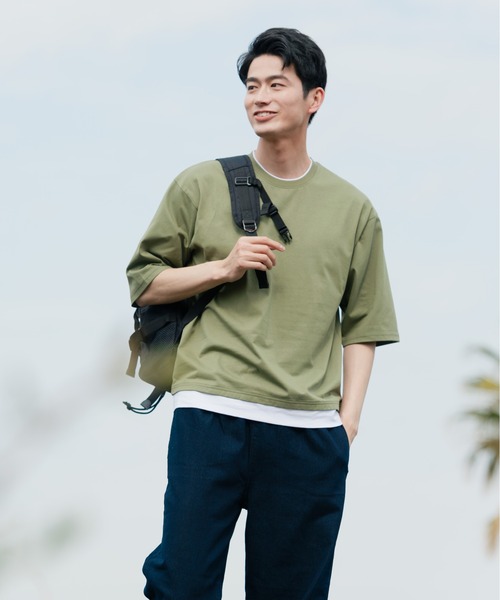 Blue Standard （ブルースタンダード）の「【BLUE STANDARD/ブルースタンダード】汗染みの目立ちにくいTシャツ ZEROSTAIN フェイクレイヤード　ビッグシルエットＴシャツ（Tシャツ/カットソー・メンズ・オリーブ/ベージュ/チャコールグレー/ブルー/ブラック/ネイビー/ホワイト・X-LARGE/MEDIUM/LARGE）」の21枚目の写真