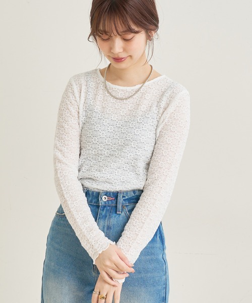 natural couture（ナチュラルクチュール）の「素材感で魅せる！ぽこぽこフラワーカットレーストップス（Tシャツ/カットソー・レディース・オフホワイト/ブラック/サックスブルー・FREE）」の20枚目の写真