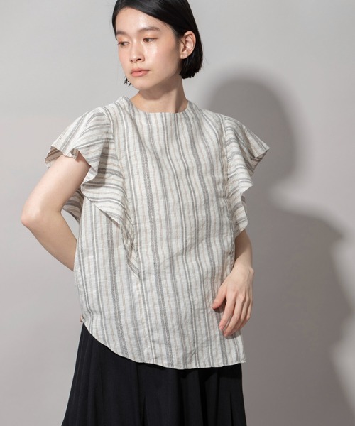 Munich（ミューニック）の「リネントップクオーターボーダーラッフルトップス（シャツ/ブラウス・レディース・ナチュラル/ブラック/ライトグリーン・FREE）」の2枚目の写真