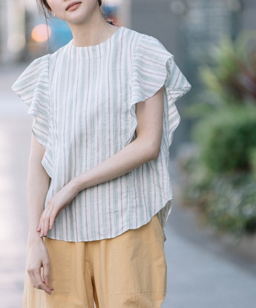 Munich（ミューニック）の「リネントップクオーターボーダーラッフルトップス（シャツ/ブラウス・レディース・ナチュラル/ブラック/ライトグリーン・FREE）」の3枚目の写真