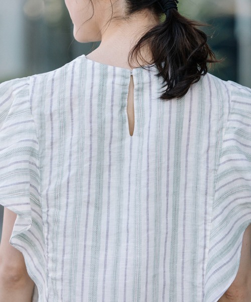 Munich（ミューニック）の「リネントップクオーターボーダーラッフルトップス（シャツ/ブラウス・レディース・ナチュラル/ブラック/ライトグリーン・FREE）」の14枚目の写真